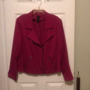 Bright pink jacket with dark great hardware